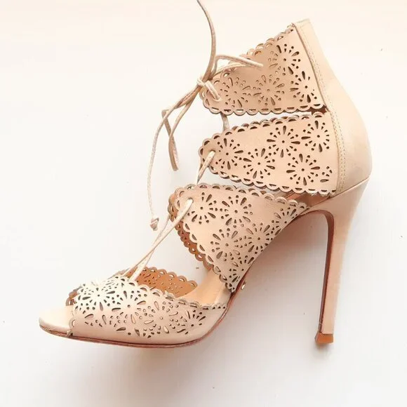 Schutz Tan Perforated Leather Heels Lace-up Peep Toe Summer Shoes Size 6.5 - Picture 10 of 16